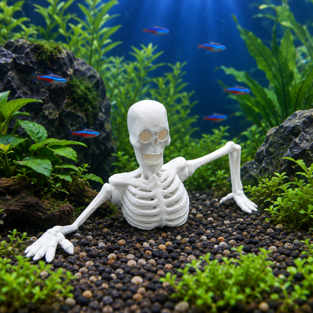 Crawling skeleton composited into a planted aquarium tank
