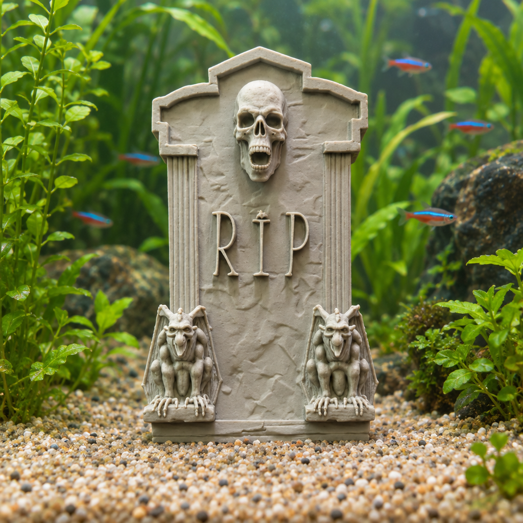 Headstone in a fish tank with mounting posts buried