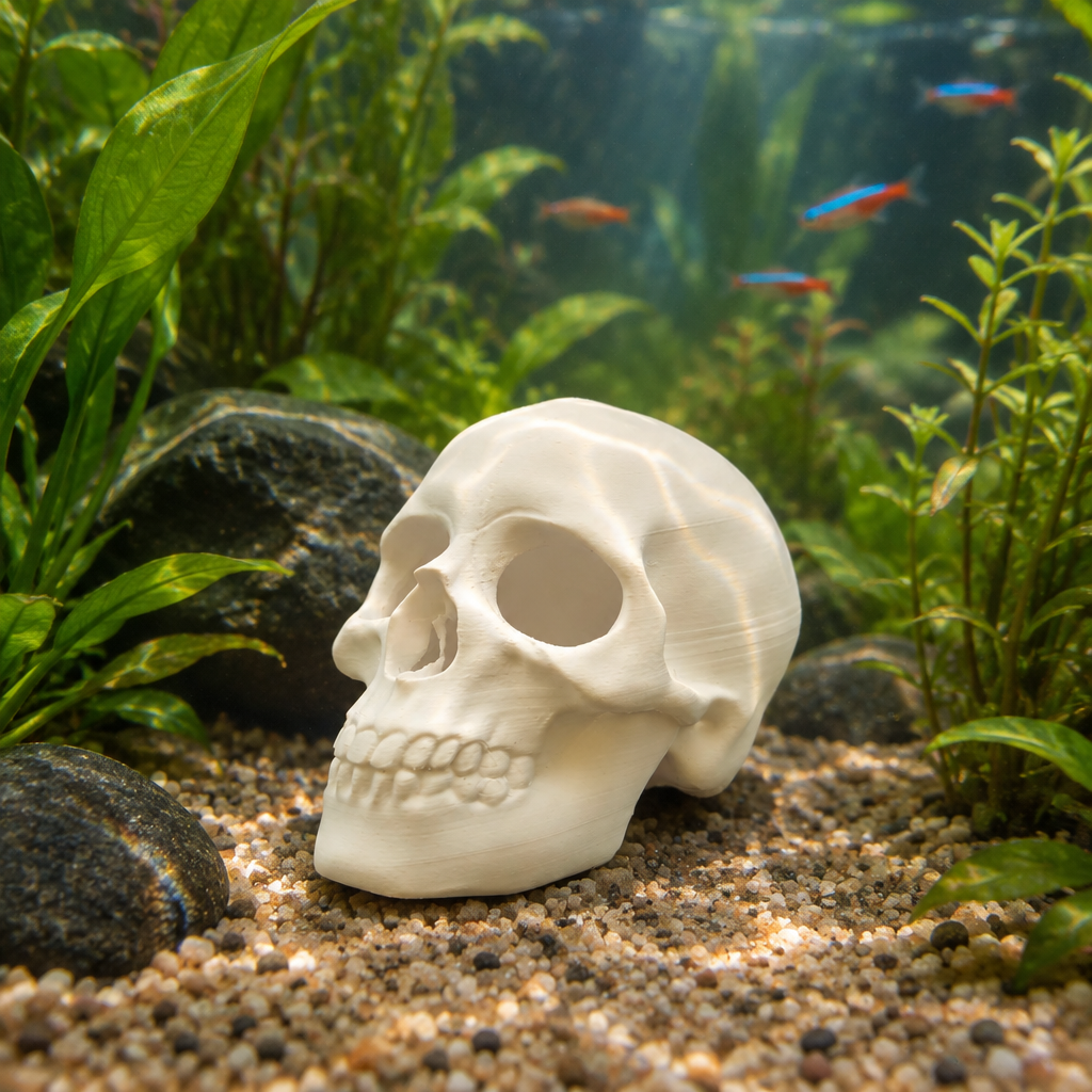 Off-white skull ornament in a planted fish tank