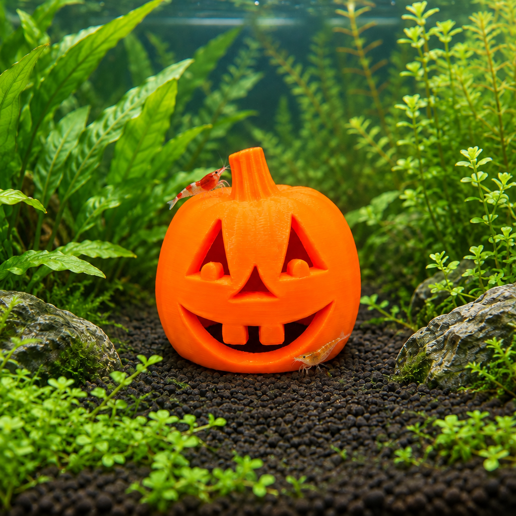 Shrimp perched on the jack-o’-lantern hide in a planted aquarium