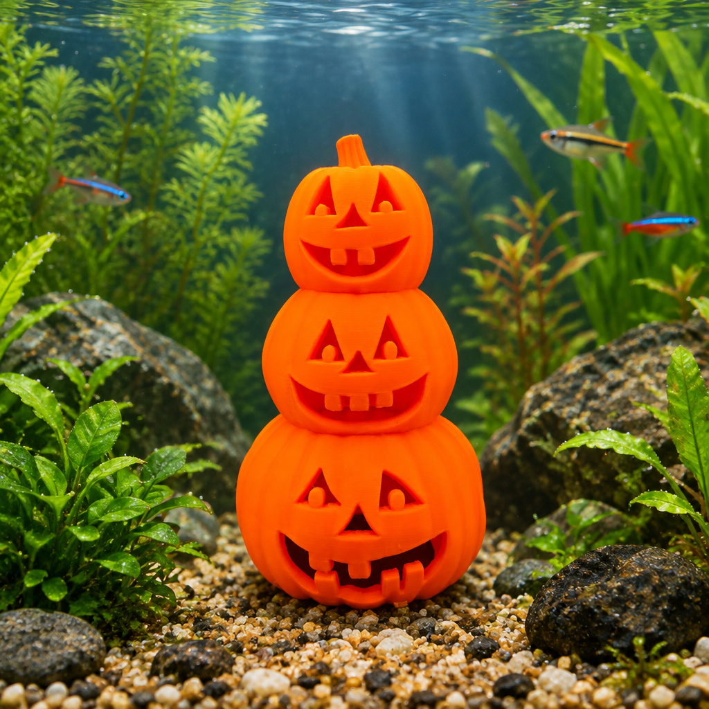 Three-pumpkin stack in a planted fish tank