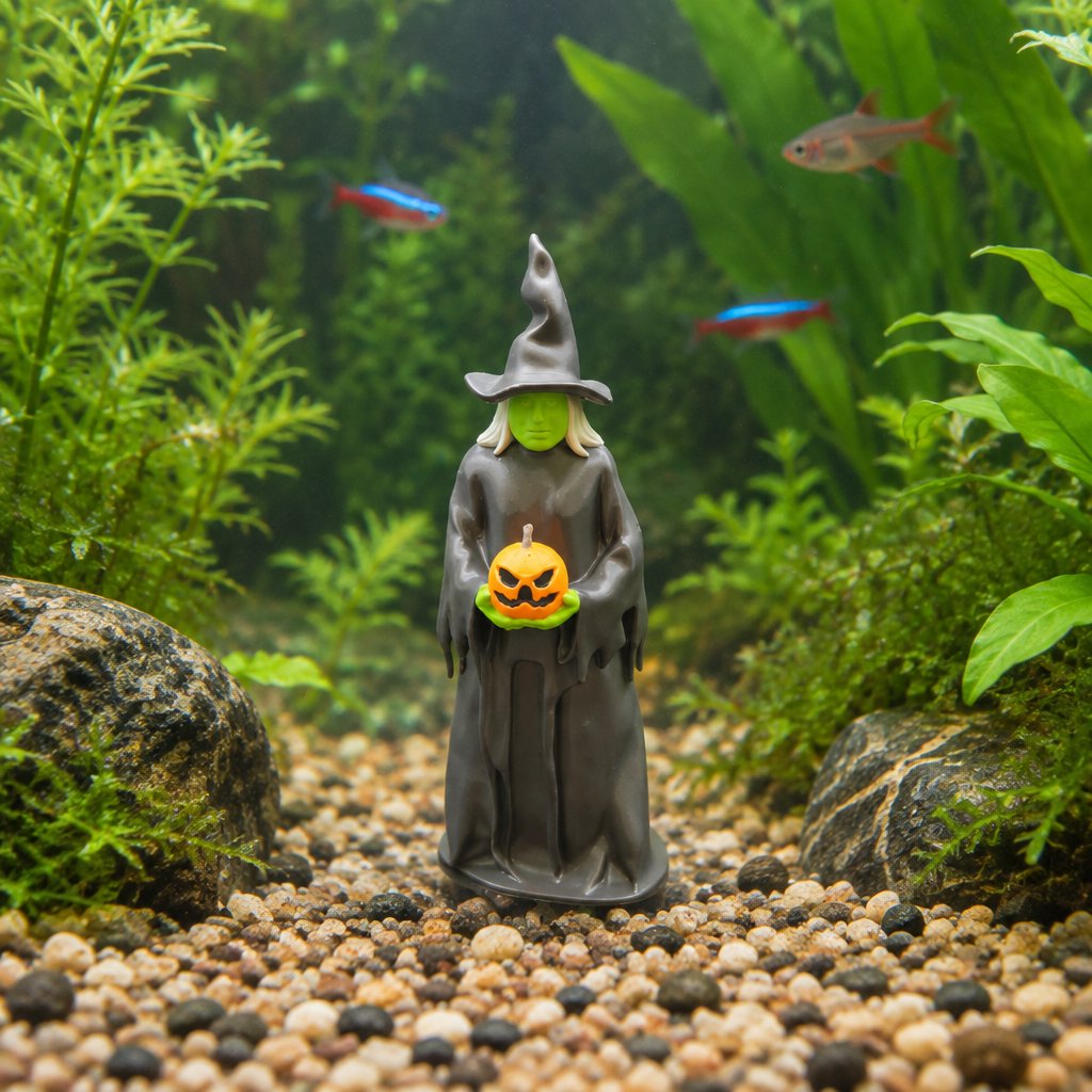 Witch figurine in a planted fish tank